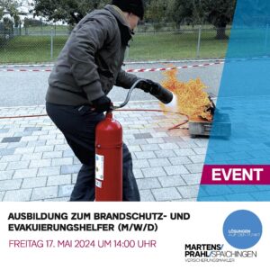 Werbegrafik - Ausbildung zum Brandschutz-- und Evakuierungshelfer am Freitag, den 17. Mai 2024.